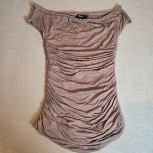 Sky‎ Ruched Bodycon Dress Small Brown Braided Trim Off Shoulder Sexy Party Fall